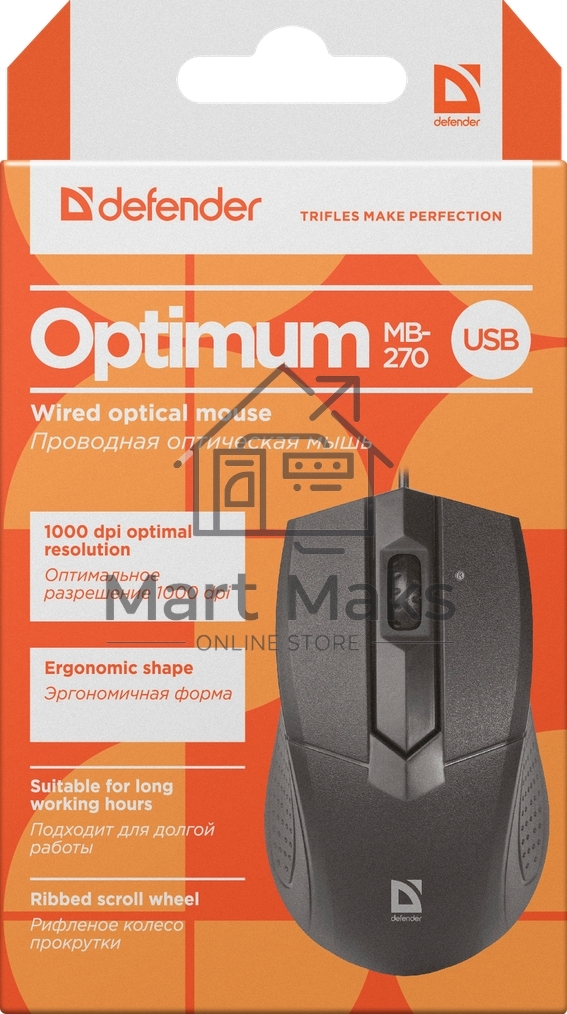 Мышь проводная Defender Optimum MB-270 черный, 1000 dpi, USB, кнопки - 3