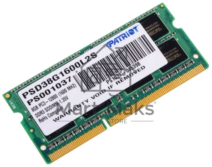 Оперативная память Patriot, DDR3L, 8GB (1x8 GB), 1600 MHz, CL11, SO-DIMM