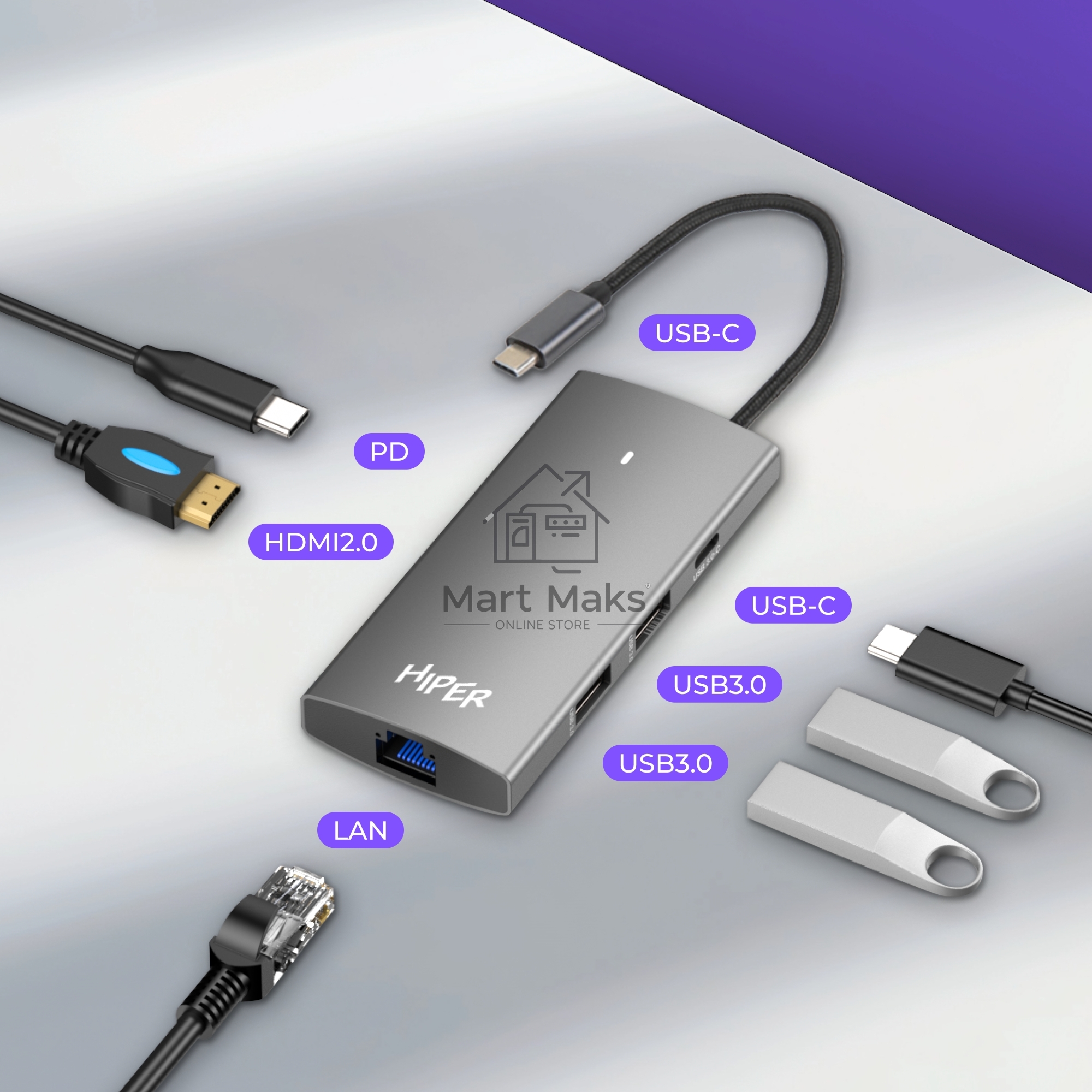 Док-станция HIPER Docking station USB-C HUB 6in1 (1*USB-C 100W PD, 1*HDMI 4K@60Hz, 2*USB-A 3.0 (5Gbps data), 1*USB-C 3.0 (5Gbps data), 1*RJ45 Gb)