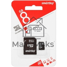 Флеш карта microSD 8Gb, Smartbuy microSDHC Class 10 (SD адаптер)