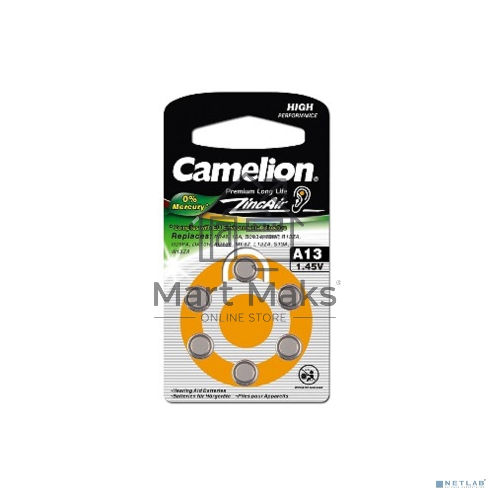 Батарейка для слуховых аппаратов Camelion ZA13 BL-6 Mercury Free (0%Hg), 1.4 V,280mAh)