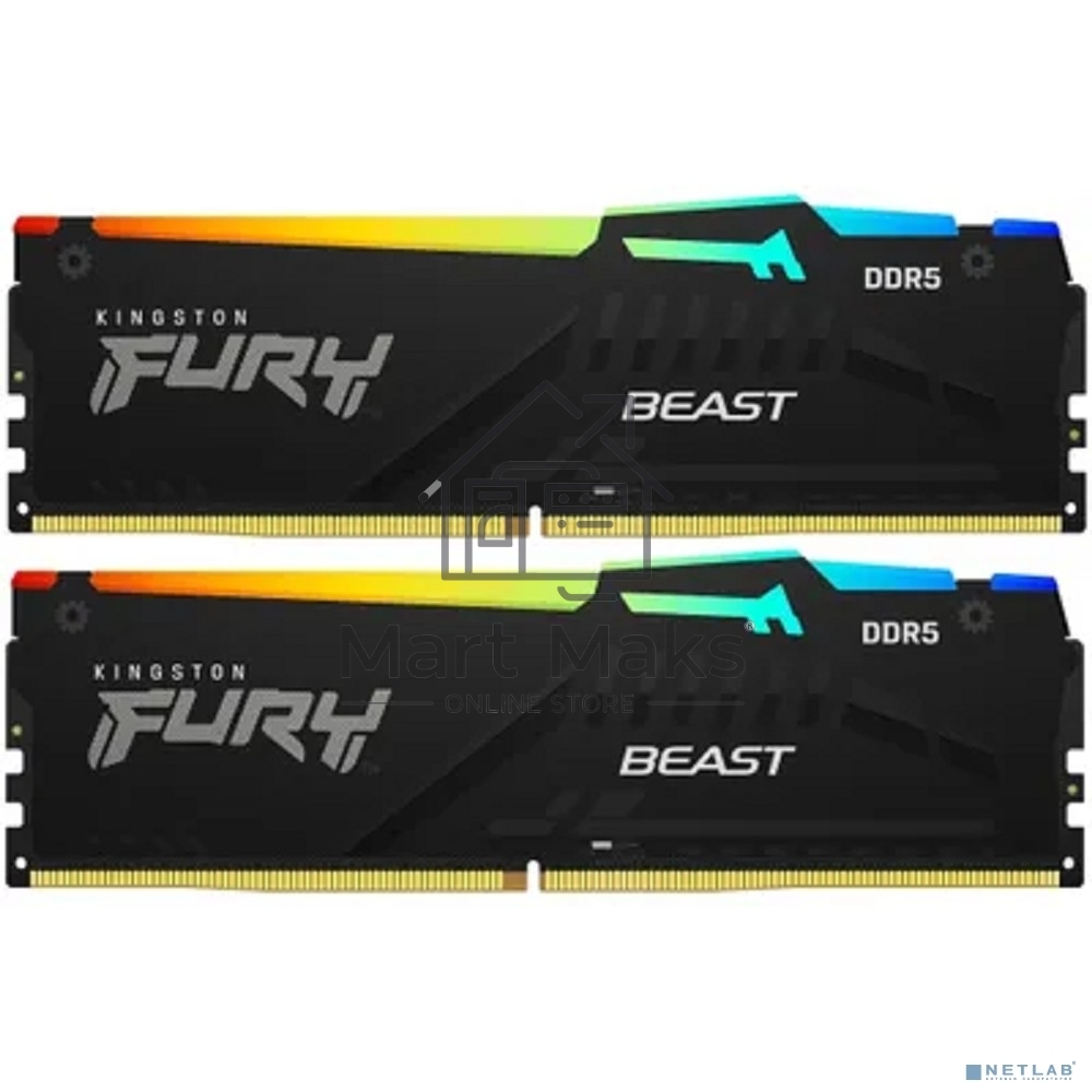 Оперативная память Kingston Fury Beast, DDR5, 16GB (2x8GB), 5200MHz, CL40, DIMM, с радиаторами, RGB, черный