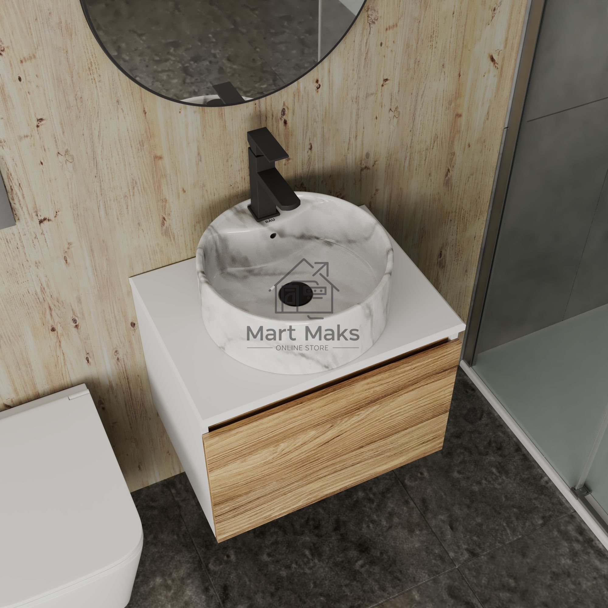 Комплект: тумба Bau Dream Blackwood 60, 1 ящик, Раковина круглая накладная BAU Element D41, мрамор, смеситель Hotel Black, черный матовый, выпуск клик клак черный