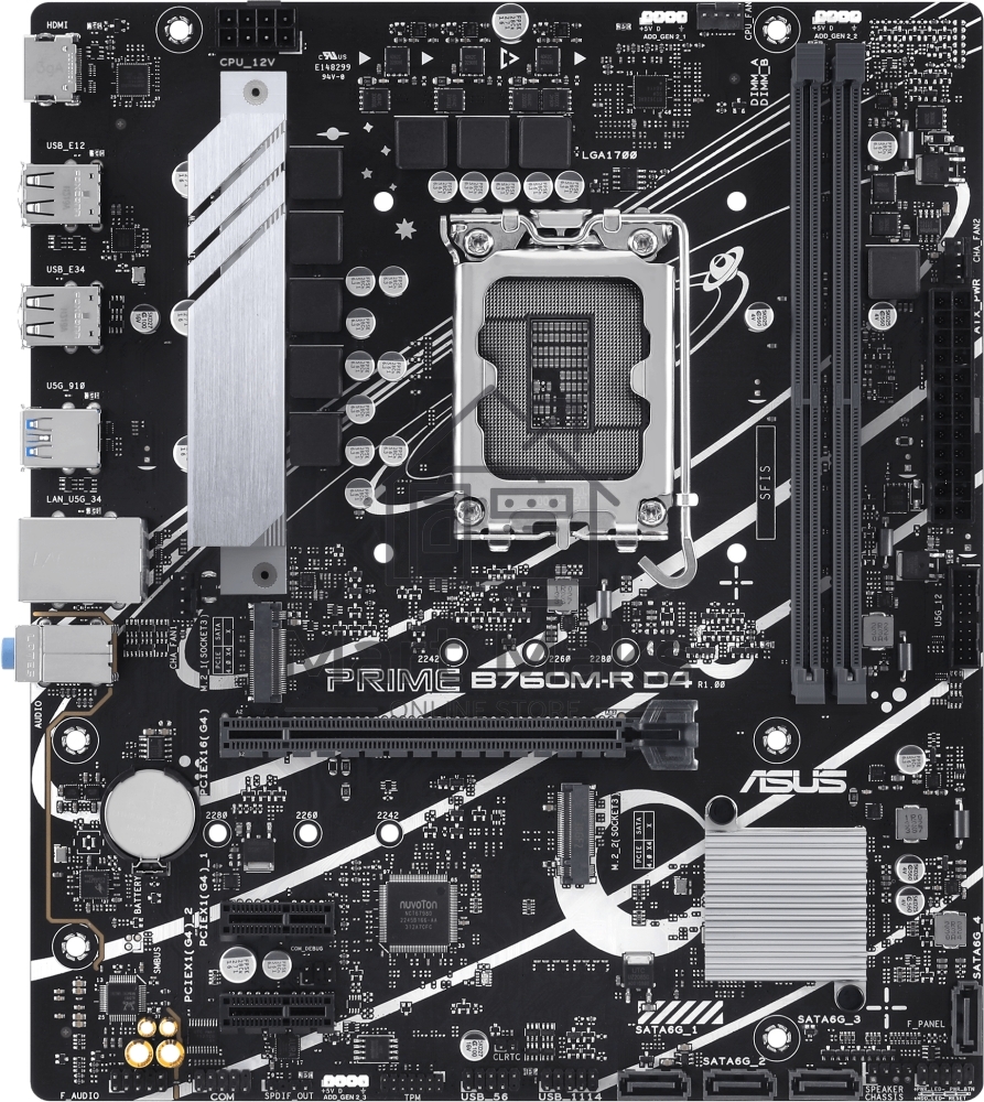 Материнская плата ASUS PRIME B760M-R D4, LGA 1700, Intel B760, 2xDDR4, 4xSATA, 2xM.2, 1xPCIe 4.0 x16, 1xPCIe x1, 1xHDMI, 1x 2.5Gb LAN, 4xUSB-A 2.0, 4xUSB-A 3.2 Gen 1, 3x3.5 мм, 7.1, mATX