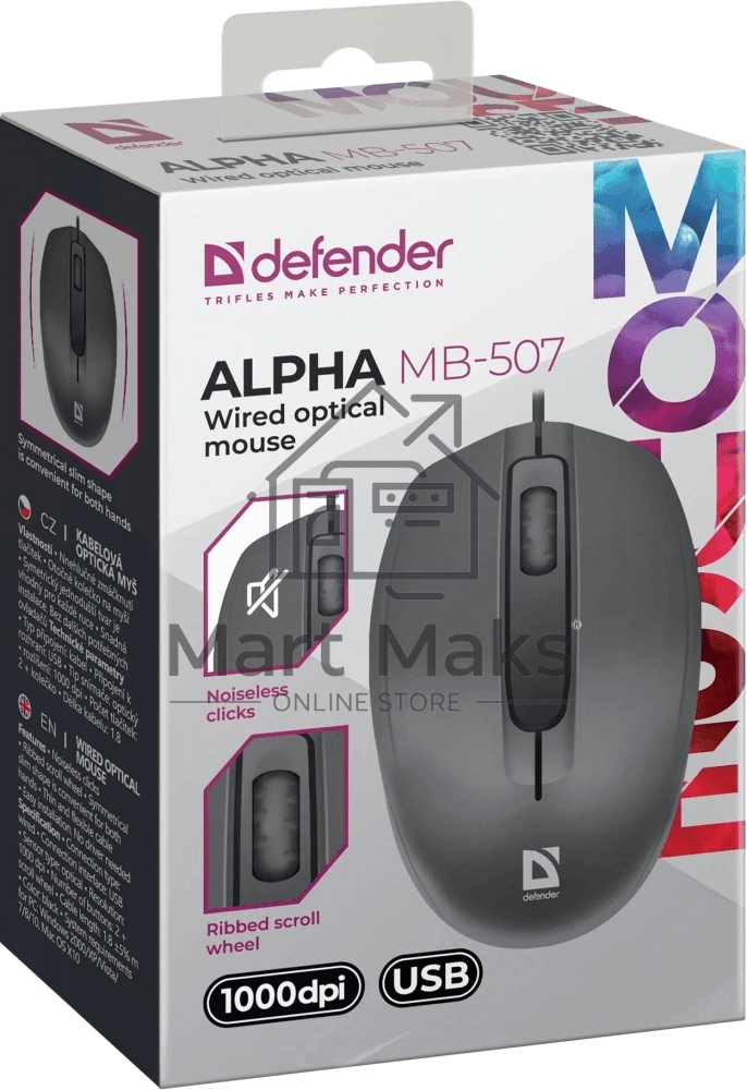 Мышь проводная Defender Alpha MB-507 черный, 1000 dpi, USB, кнопки - 3