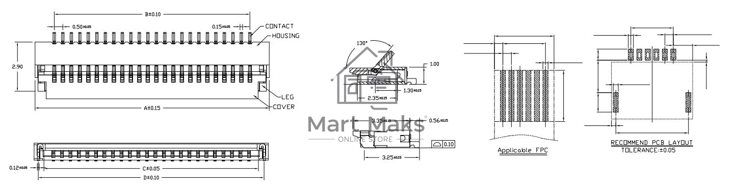 Разъем FPC Flip-Lock 1010-16RLGF 16 pin высота 1мм шаг 1мм