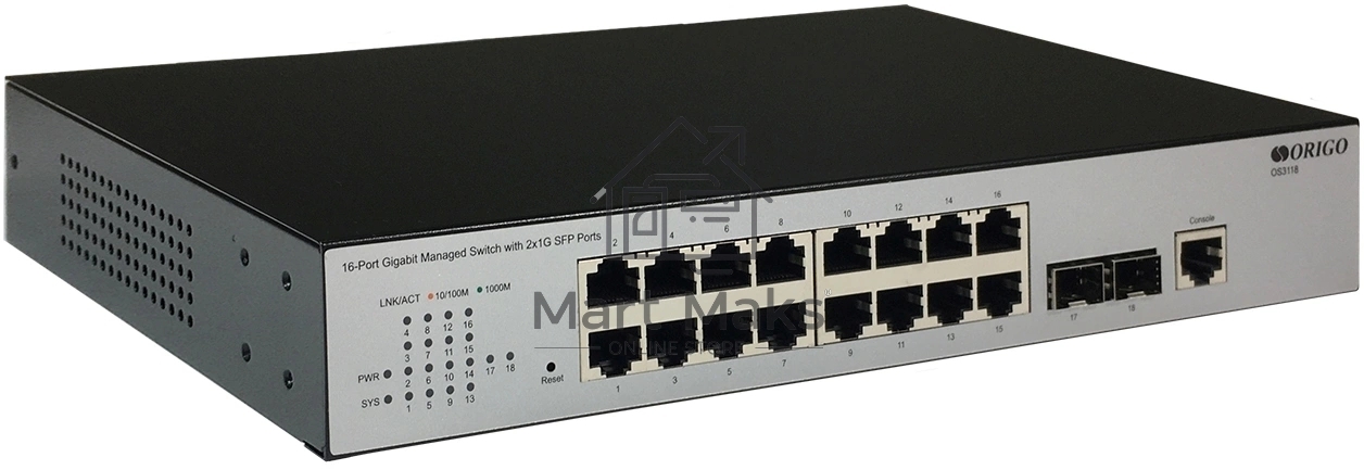 Коммутатор Управляемый L2 16x1000Base-T, 2x1000Base-X SFP, консольный порт RJ-45, комплект для установки в 19