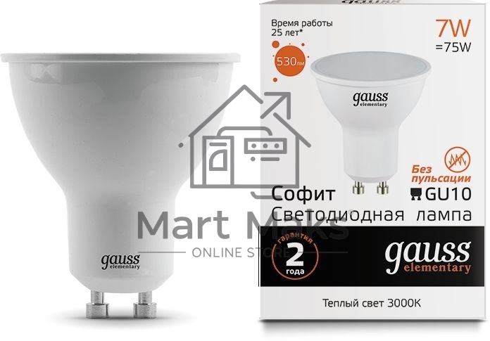 Лампа светодиодная Gauss Elementary MR16 7Вт цок.:GU10 спот 220B 3000K св.свеч.бел.теп. (упак.:10шт) (13617)