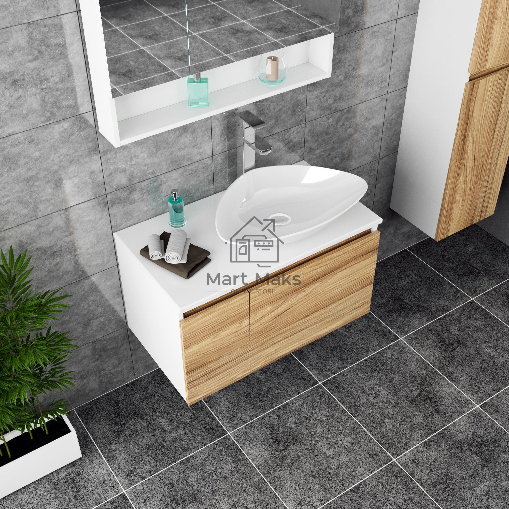 Комплект для ванной, 4 предмета (Тумба Bau Dream Blackwood 60, раковина BAU Triangle 59х39, смеситель для раковины высокий Hotel Still, нержавеющая сталь, выпуск клик клак, белый)
