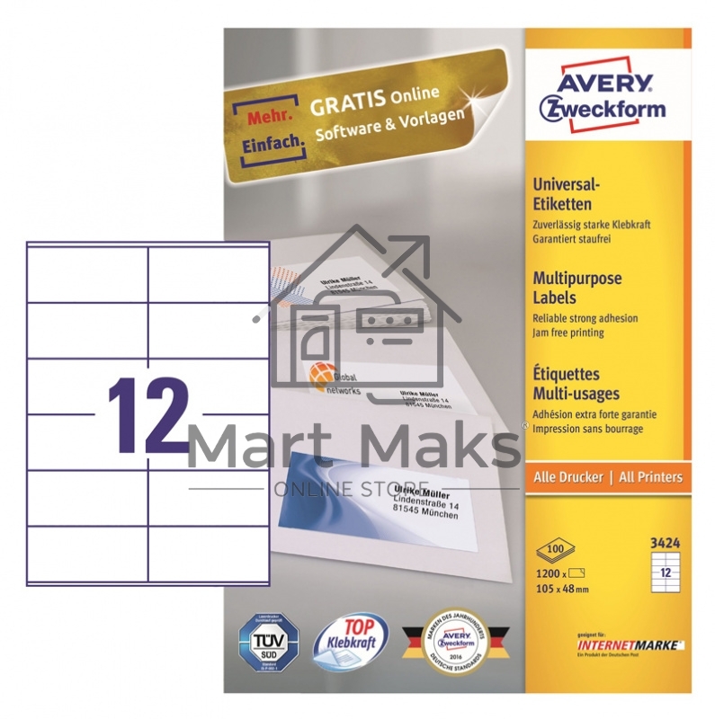 Этикетки самоклеящиеся Avery Zweckform 3424 A4, 105x48 мм, 12 шт, универсальная, 70 г/м2, 100 л, покрытие матовое, белый