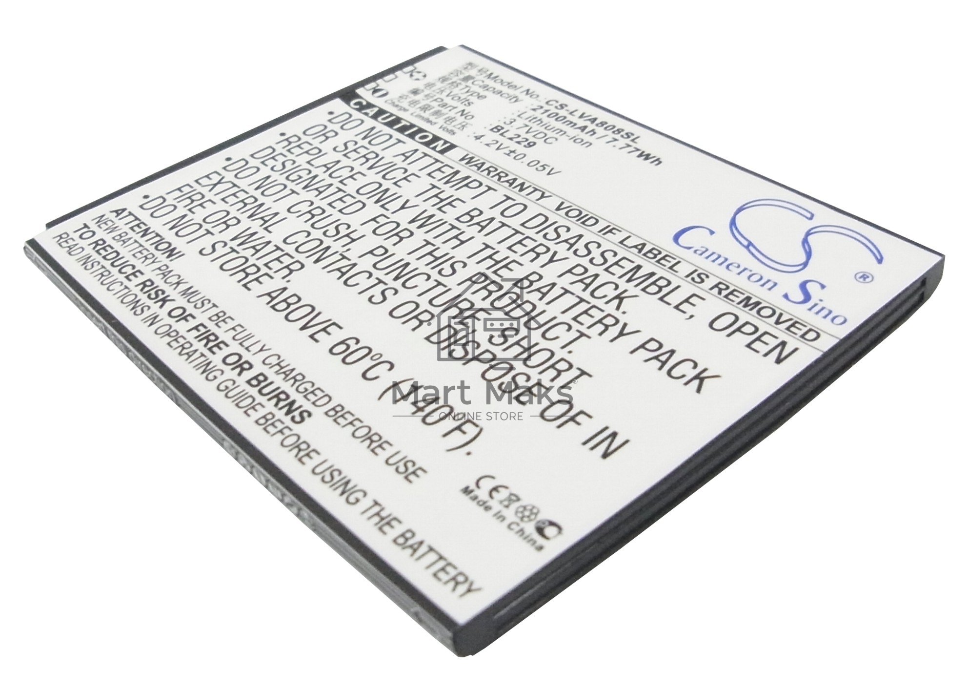 Аккумулятор CameronSinoCS-LVA808SL BL229 для Lenovo A806/A806T/A8 3.7V / 2100mAh / 7.77Wh