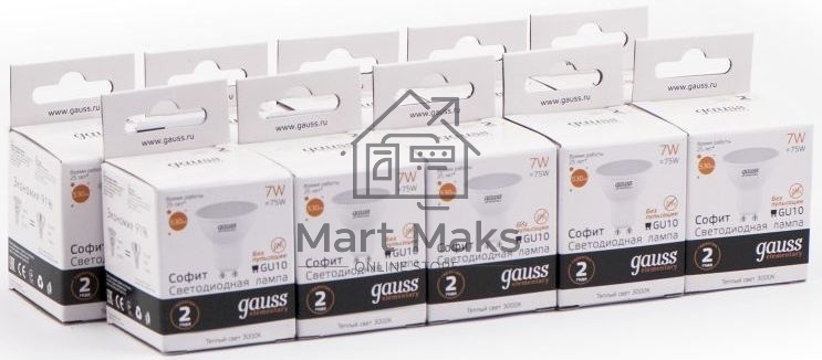 Лампа светодиодная Gauss Elementary MR16 7Вт цок.:GU10 спот 220B 3000K св.свеч.бел.теп. (упак.:10шт) (13617)