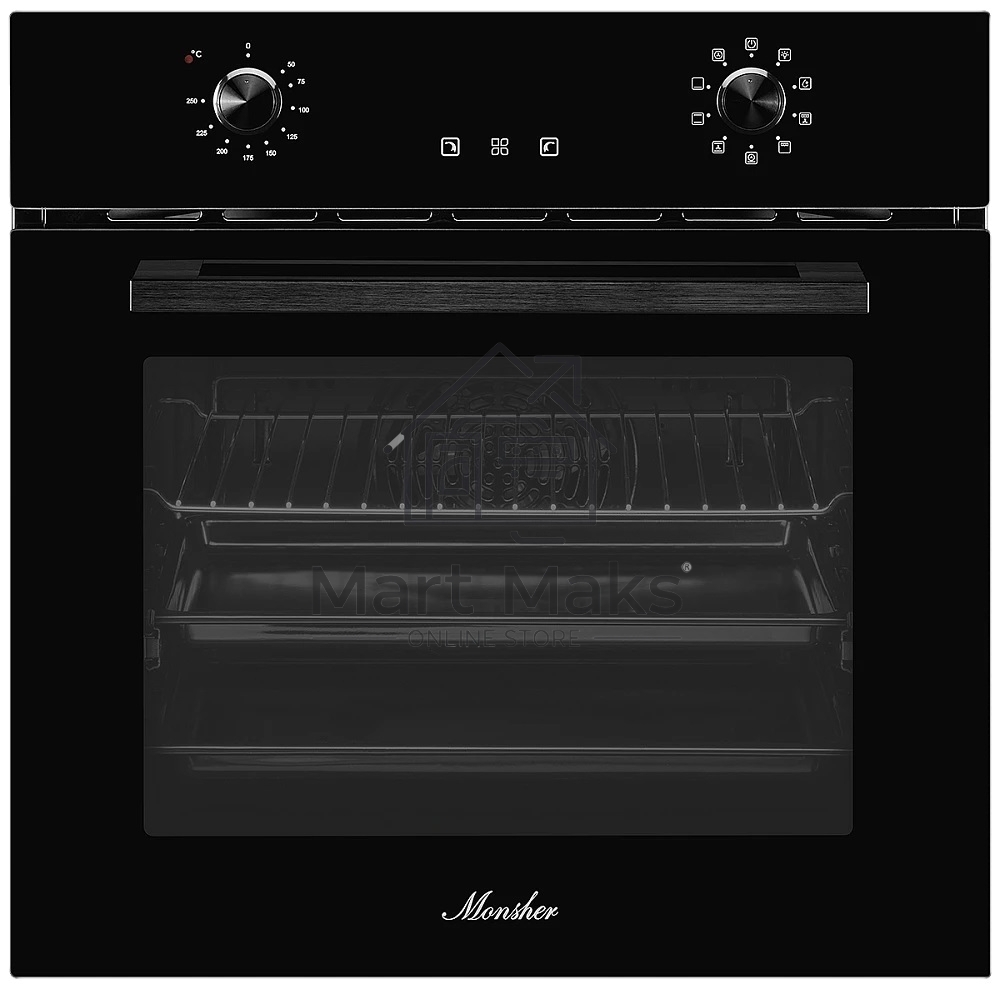 Встраиваемый электрический духовой шкаф MONSHER MOE 6092 Noir, 9 режимов: Традиционный нагрев, Макси-Гриль, Макси-Гриль с конвекцией, Нижний нагрев, Разморозка, Традиционный нагрев с конвекцией, Режим подсветка, Конвекция, Режим пицца, утапливаемые поворо