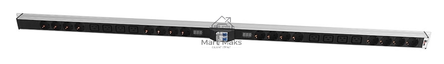 Блок силовых розеток Rem Rem-32, Shuko х 16, IEC 60320 С19 х 8, вход колодка, 1463х45х45 мм (ВхШхГ), 32А, автомат + амперметр, черный, без шнура