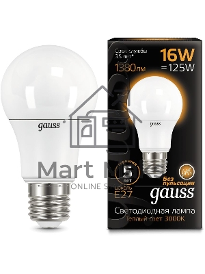 Лампа светодиодная Gauss LED A60 16W E27 1380lm 3000K 1/10/50 102502116