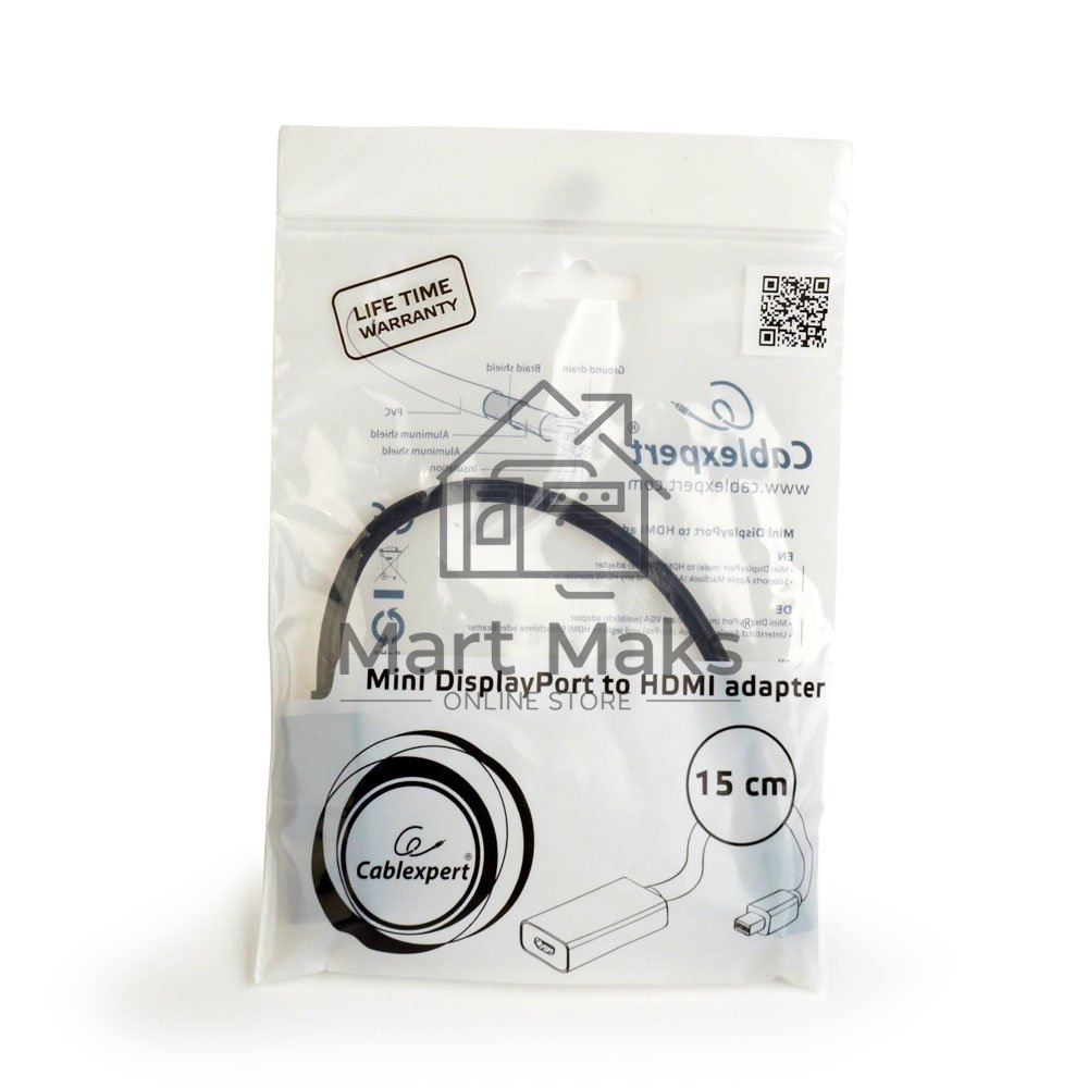 Переходник miniDisplayPort - HDMI, Cablexpert A-mDPM-HDMIF-02, 20M/19F, кабель 15см, черный, пакет