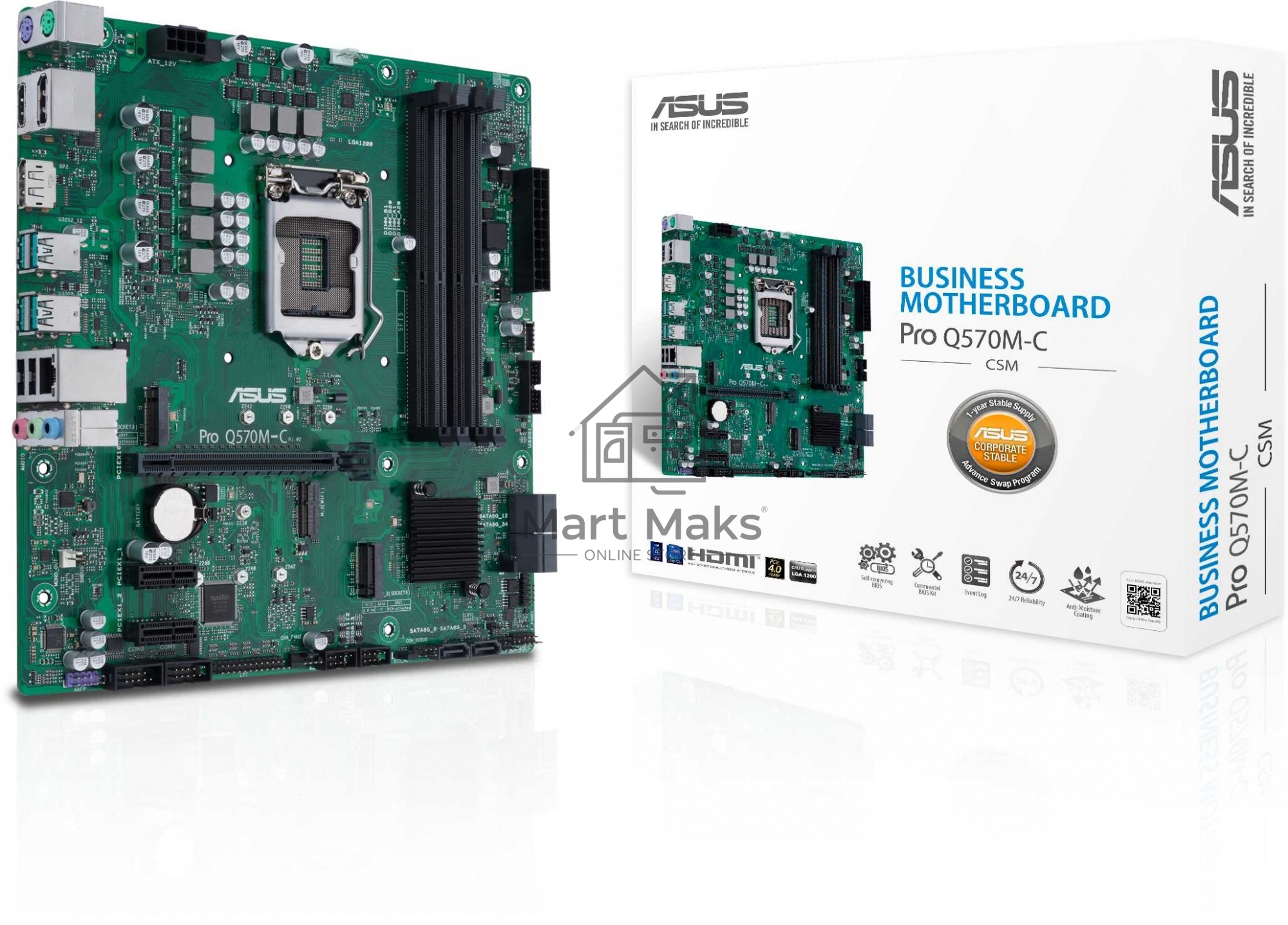 Материнская плата ASUS Pro Q570M-C/CSM, LGA1200, Intel Q570, 4xDDR4, 6xSATA, 2xM.2, 1xPCIe 4.0/3.0 x16, 2xPCIe 3.0 x1, 2xDisplayPort, 1xHDMI, 1x 1Gb LAN, 4xUSB 3.2 Gen 2 (Type-A), 2xUSB 2.0 (Type-A), 3x3.5 мм, 7.1, mATX