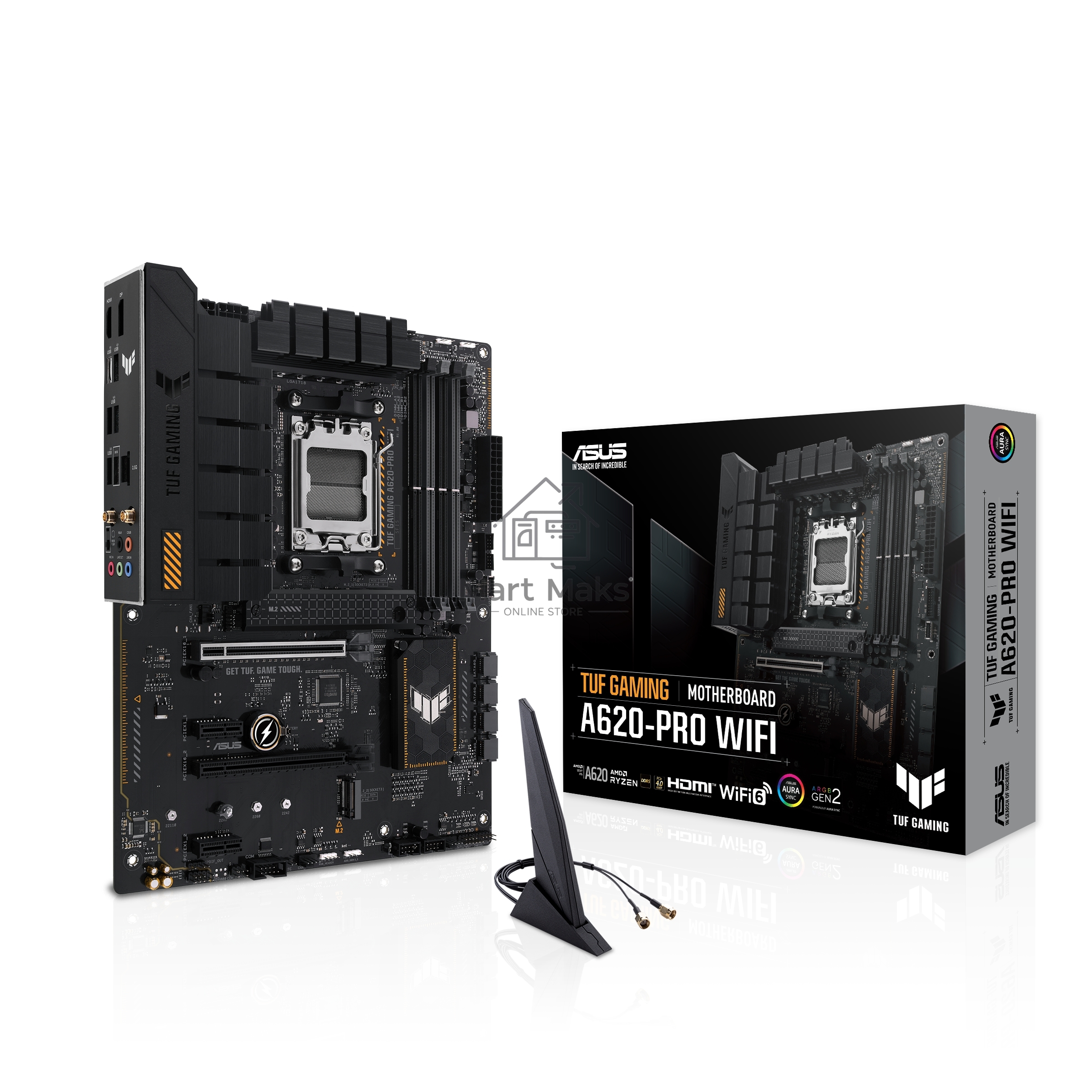 Материнская плата ASUS TUF GAMING A620-PRO WIFI, AM5, AMD A620, 4xDDR5, 4xSATA, 2xM.2, 1xPCI-E 4.0 x16, 1xPCI-E 3.0 x16, 2xPCI-E x1, 1xHDMI, 1xDP, 1x 2.5Gb LAN, 3xUSB-A 2.0, 2xUSB-A 3.2 Gen 2, 1xUSB-C 3.2 Gen 1, 5x3.5 мм, 7.1, ATX