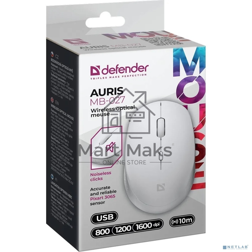 Мышь беспроводная Defender Auris MB-027 белый, 1600 dpi, радиоканал, USB, кнопки - 4