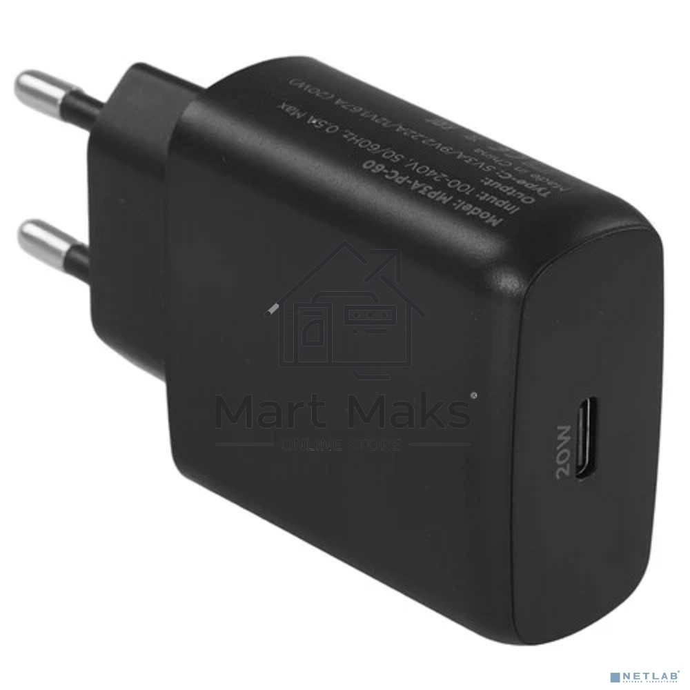 Зарядное устройство Cablexpert MP3A-PC-60 20Вт GaN, 3А, QC4.0/PD, 1xType-C, черный, пакет