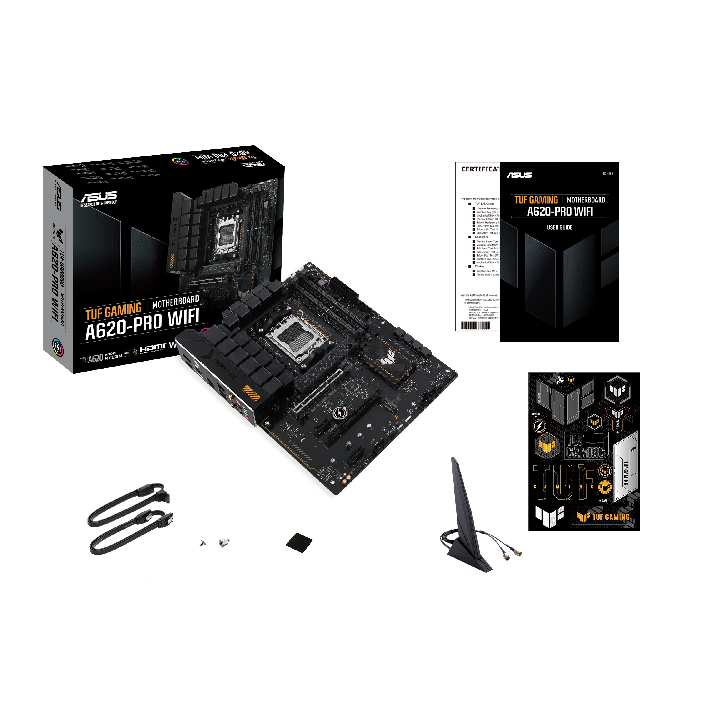 Материнская плата ASUS TUF GAMING A620-PRO WIFI, AM5, AMD A620, 4xDDR5, 4xSATA, 2xM.2, 1xPCI-E 4.0 x16, 1xPCI-E 3.0 x16, 2xPCI-E x1, 1xHDMI, 1xDP, 1x 2.5Gb LAN, 3xUSB-A 2.0, 2xUSB-A 3.2 Gen 2, 1xUSB-C 3.2 Gen 1, 5x3.5 мм, 7.1, ATX