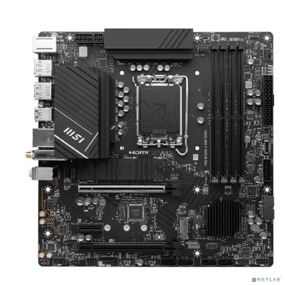 Материнская плата MSI PRO B760M-A WIFI DDR4, LGA 1700, Intel B760, 4xDDR4, 4xSATA, 2xM.2, 1xPCI-E 4.0 x16, 1xPCI-E 4.0 x4, 1xPCI-E x1, 2xHDMI, 2xDP, 1x 2.5Gb LAN, 2xUSB-A 2.0, 2xUSB-A 3.2 Gen 1, 2xUSB-A 3.2 Gen 2, 3x3.5 мм, 7.1, Micro-ATX