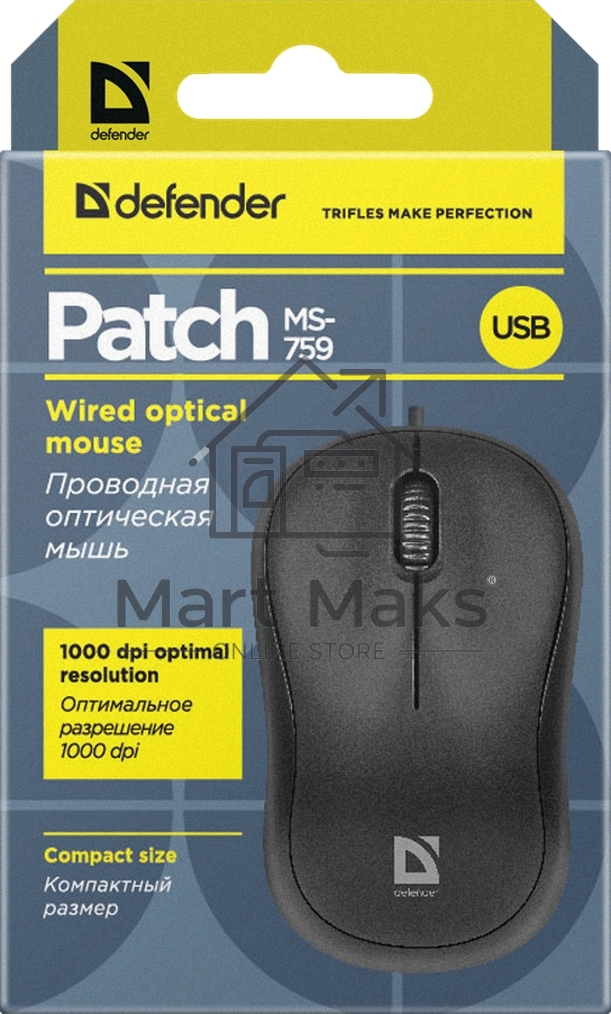 Мышь проводная Defender Patch MS-759 черный, 1000 dpi, USB, кнопки - 3