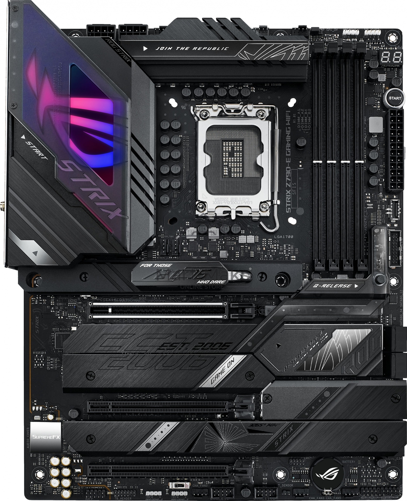 Материнская плата ASUS ROG STRIX Z790-E GAMING WIFI, LGA 1700, Intel Z790, 4xDDR5, 4xSATA, 5xM.2, 1xPCIe 5.0 x16, 2xPCIe 4.0 x4, 1xHDMI, 1xDP, 1x 2.5Gb LAN, 6xUSB-A 3.2 Gen 2, 4xUSB-A 3.2 Gen 1, 5x3.5 мм, 7.1, Standard-ATX