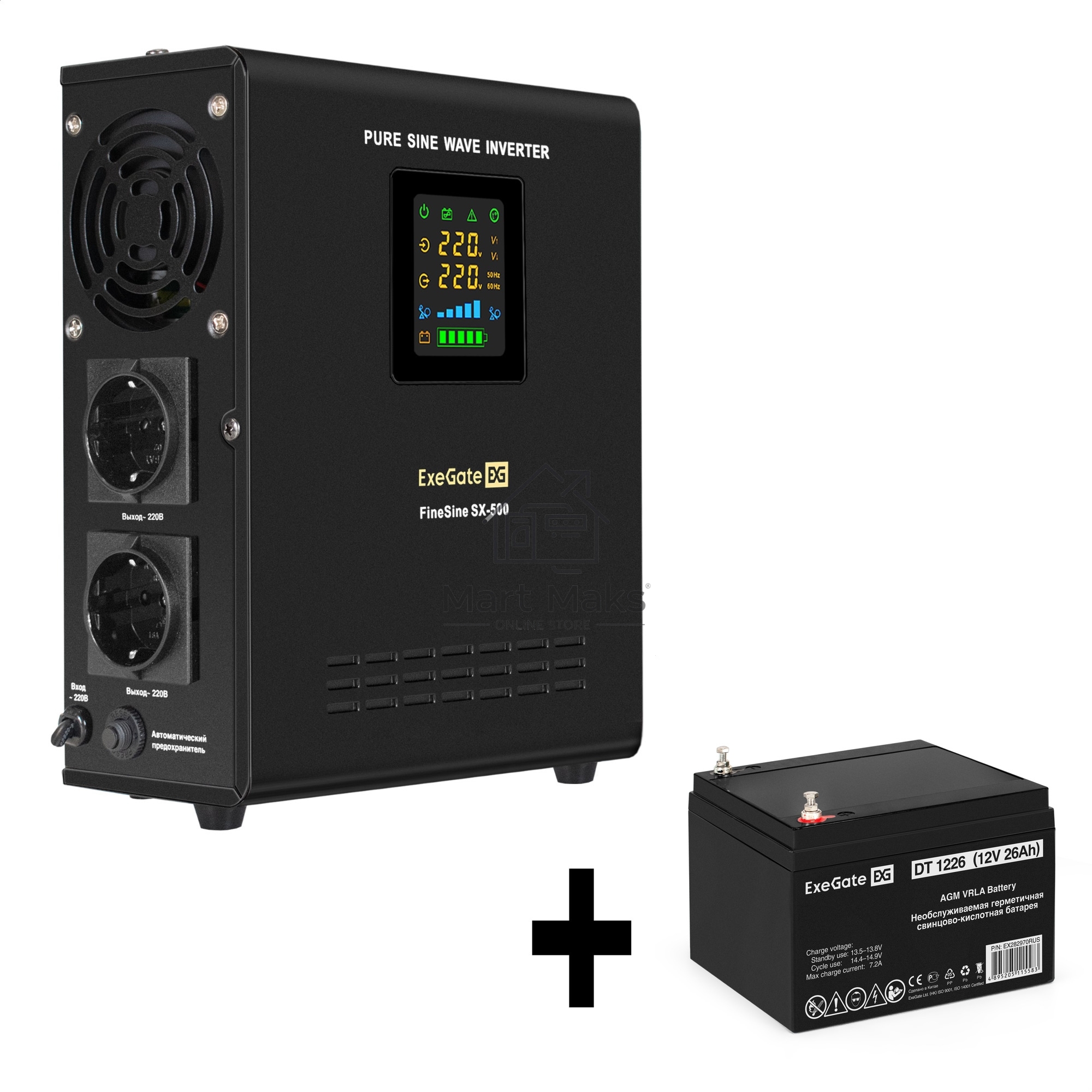 Комплект Источник бесперебойного питания EX295995RUS + батарея 26Aч EX282970RUS 1шт (инвертор, синус, для котла, настенный) ExeGate FineSine SX-500.LCD.AVR.2SH <500VA/300W, чистая синусоида, цветной LCD-дисплей, AVR, 2*Schuko, линейно-интерактивный, крепл