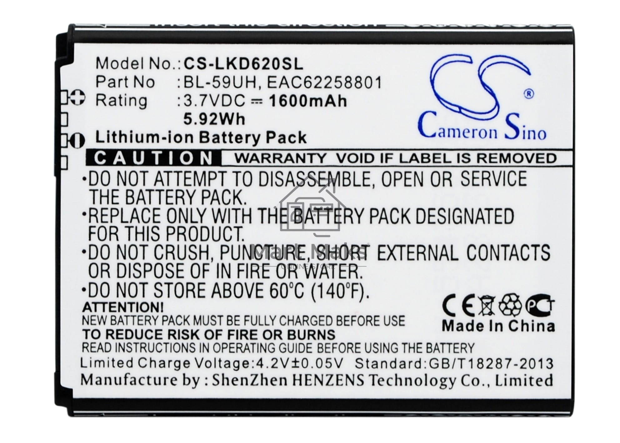 Аккумулятор CameronSinoCS-LKD620SL BL-59UH для LG G2 Mini D618 3.7V / 1600mAh / 5.92Wh