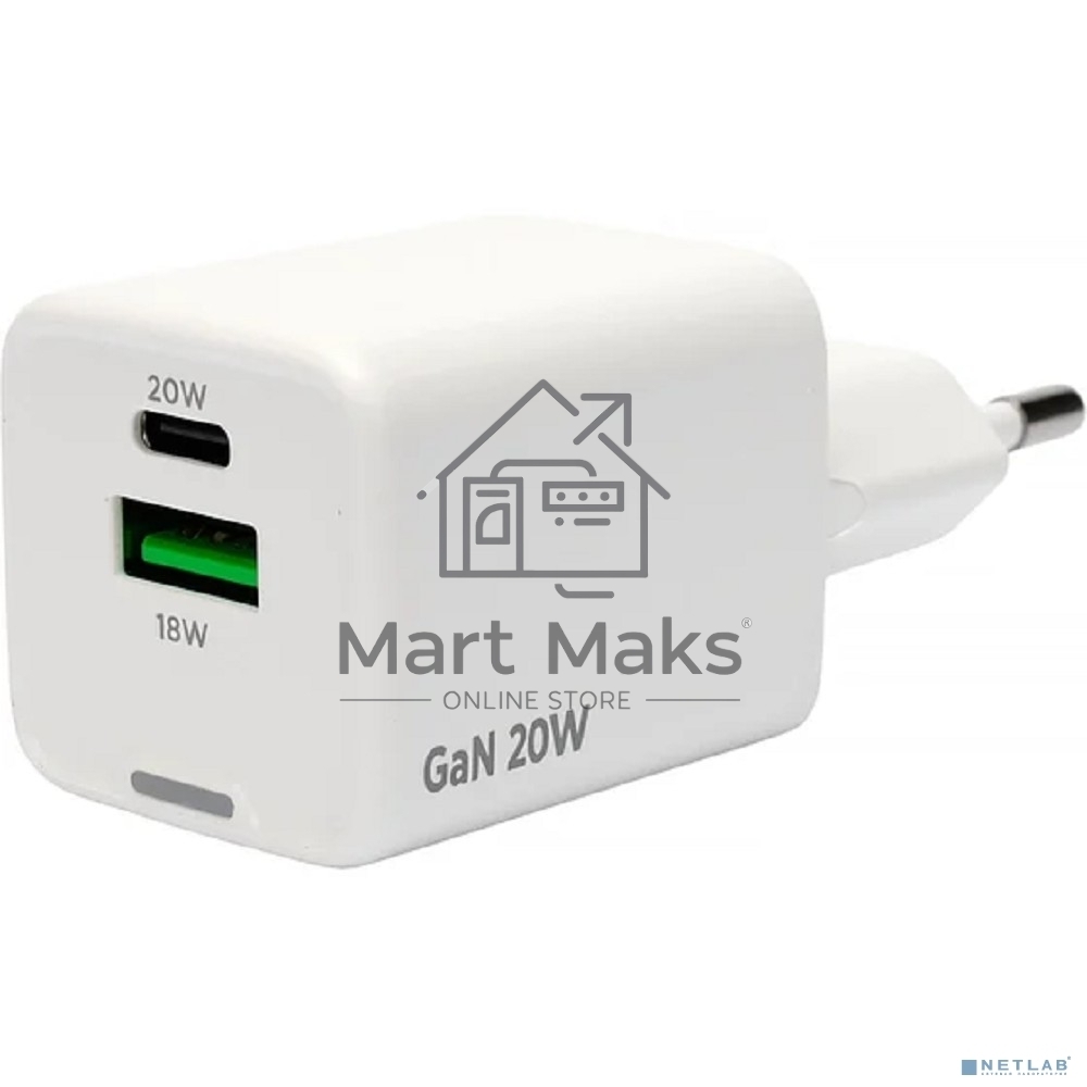 Зарядное устройство Cablexpert MP3A-PC-61, 20Вт GaN, 3А, QC4.0/PD, 1xUSB, 1xType-C, белый, пакет