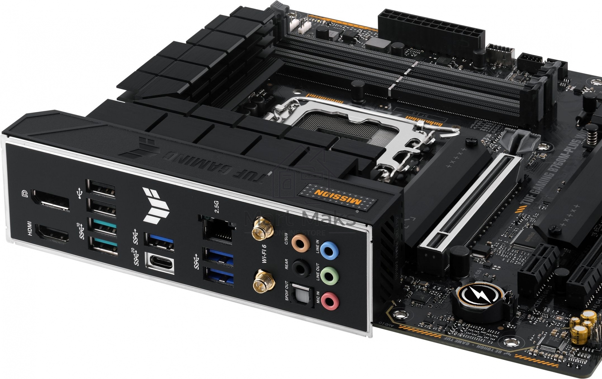 Материнская плата ASUS TUF GAMING B760M-PLUS WIFI, LGA 1700, Intel B760, 4xDDR5, 4xSATA, 2xM.2, 1xPCI-E 5.0 x16, 1xPCI-E 4.0 x4, 3xUSB-A 3.2 Gen 1, 2xUSB-A 3.2 Gen 2, 2xUSB 2.0, 1xUSB-C 3.2 Gen 2x2, 1x2.5Gb LAN, 5x3.5 мм, 7.1, Wi-Fi 6, Bluetooth 5.2, Micr