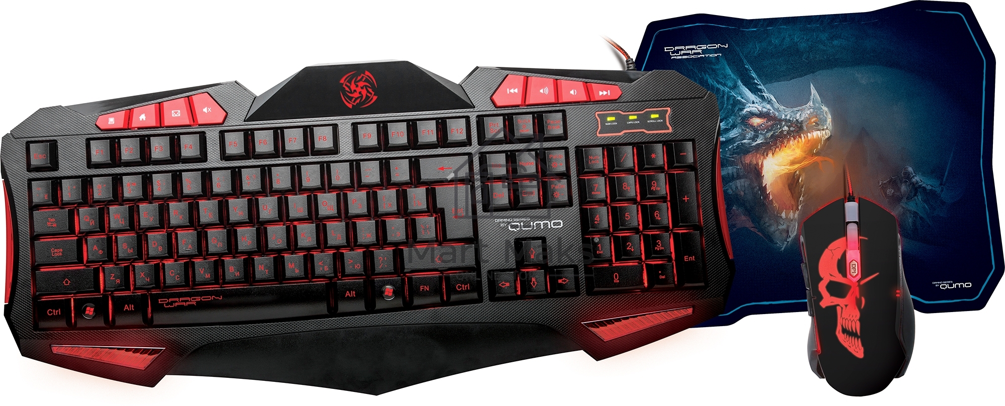 Игровой набор Qumo Axe Strike, проводная, 104+8 клавиш, встроенные подсветки общая + кнопок 7 цветов, мышь проводная, оптическая, коврик