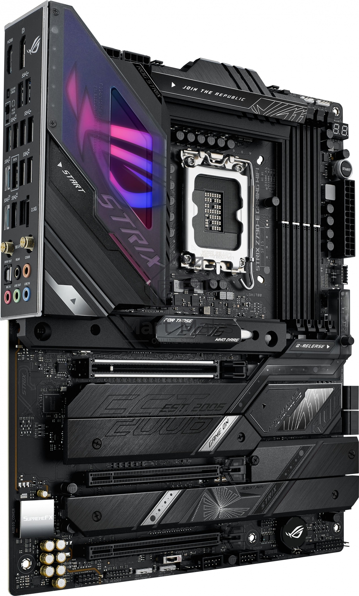 Материнская плата ASUS ROG STRIX Z790-E GAMING WIFI, LGA 1700, Intel Z790, 4xDDR5, 4xSATA, 5xM.2, 1xPCIe 5.0 x16, 2xPCIe 4.0 x4, 1xHDMI, 1xDP, 1x 2.5Gb LAN, 6xUSB-A 3.2 Gen 2, 4xUSB-A 3.2 Gen 1, 5x3.5 мм, 7.1, Standard-ATX