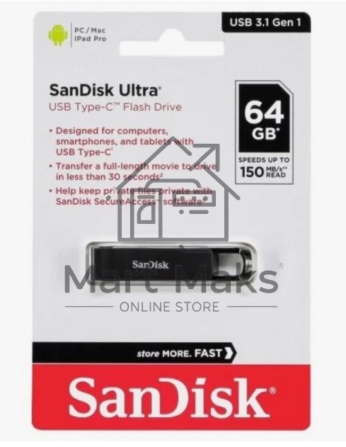Флешка USB R/W R/W 64GB SanDisk CZ460 Ultra Type-C, USB Type-C, черный