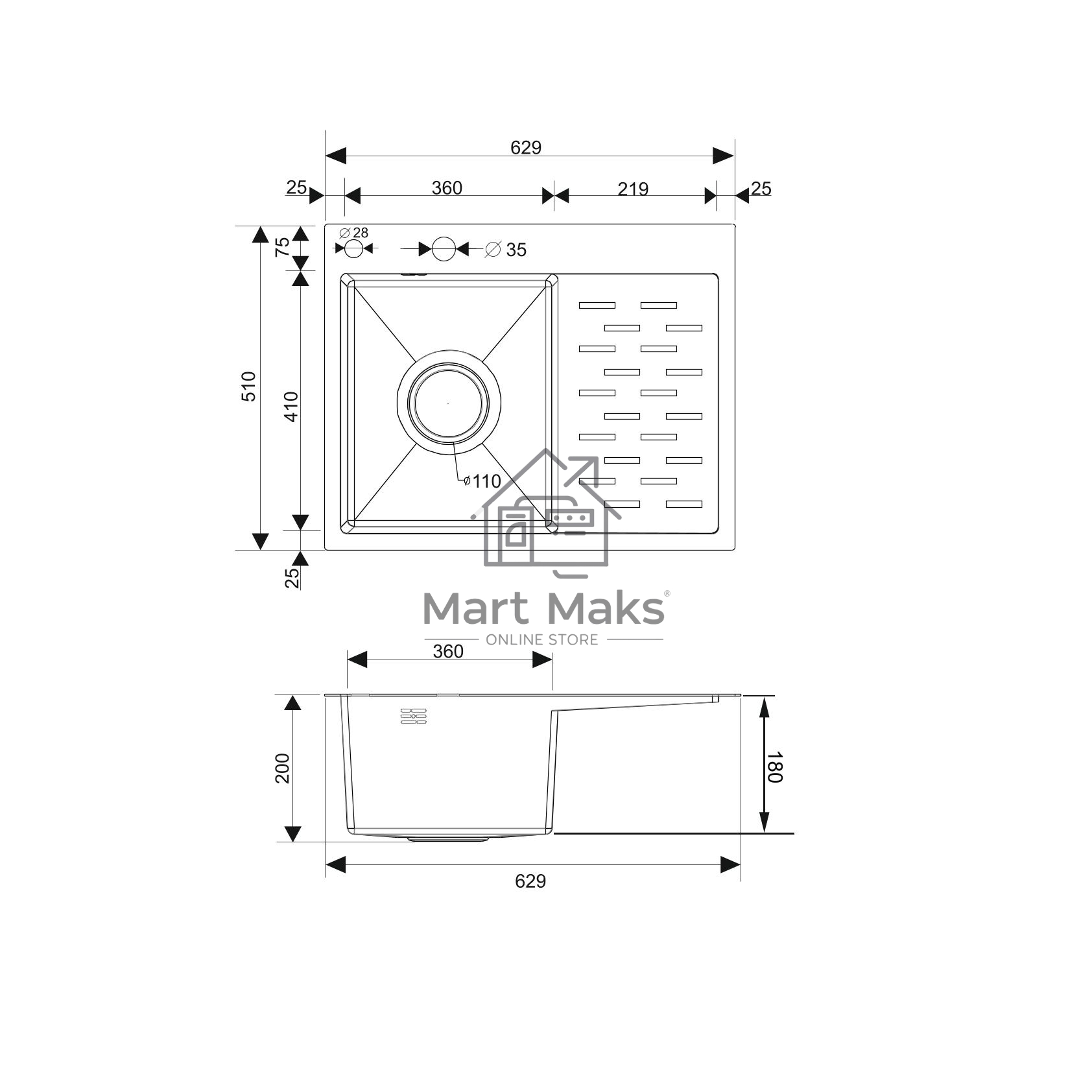 Набор 2 в1 РМС MRK-6350BL-L кухонная мойка с правым крылом + дозатор