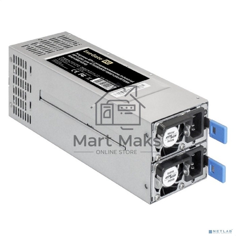 Серверный блок питания 2U Redundant 2x800W ExeGate EX292322RUS Industrial-RTS800 (APFC, КПД 94% (80 PLUS Platinum), 4 cm fan, 24pin, 2x(4+4)pin, 2PCIe, 2SATA, 6IDE, Cable Management)