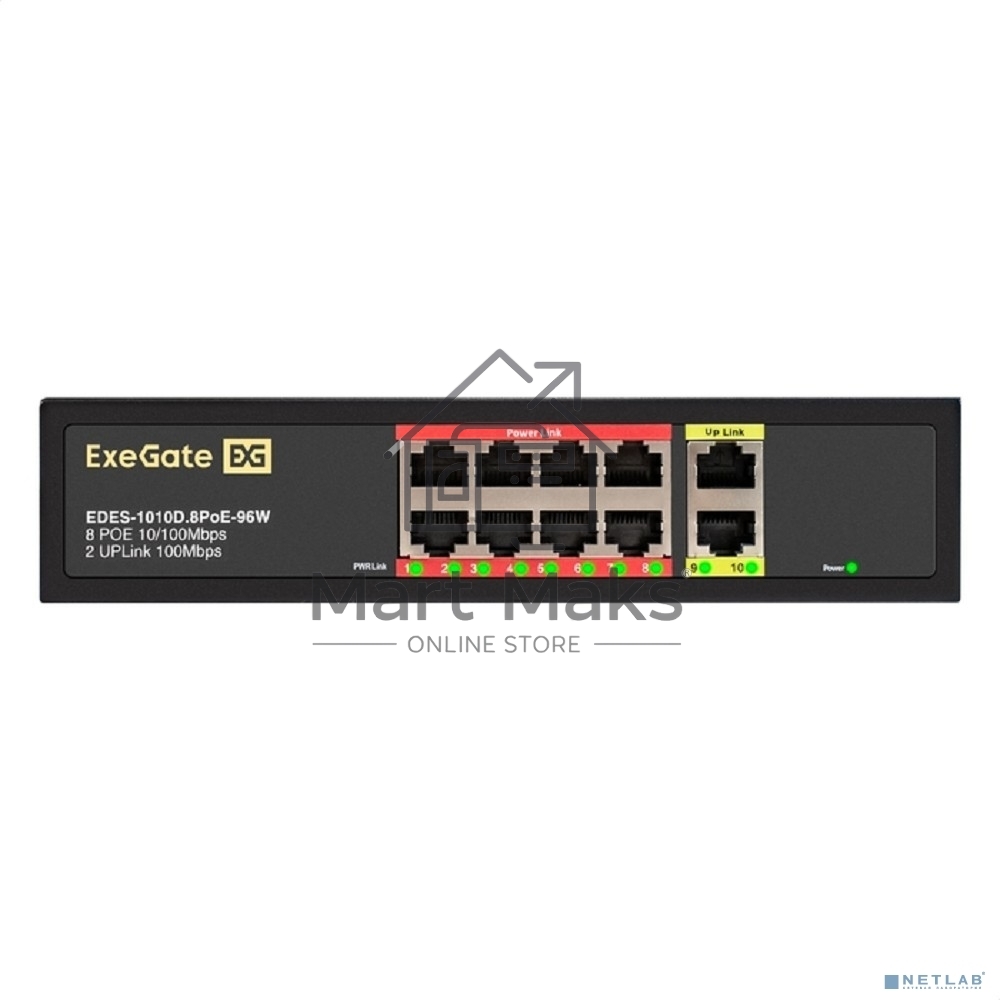 Коммутатор неуправляемый ExeGate EDES-1010D.8PoE-96W (10-портовый UTP 10/100 Base-Tx: 8 портов IEEE 802.3af (PoE), мощность PoE: 25W, суммарно 96W, 2 порта RJ45 uplink, настенный/настольный, металлический корпус)