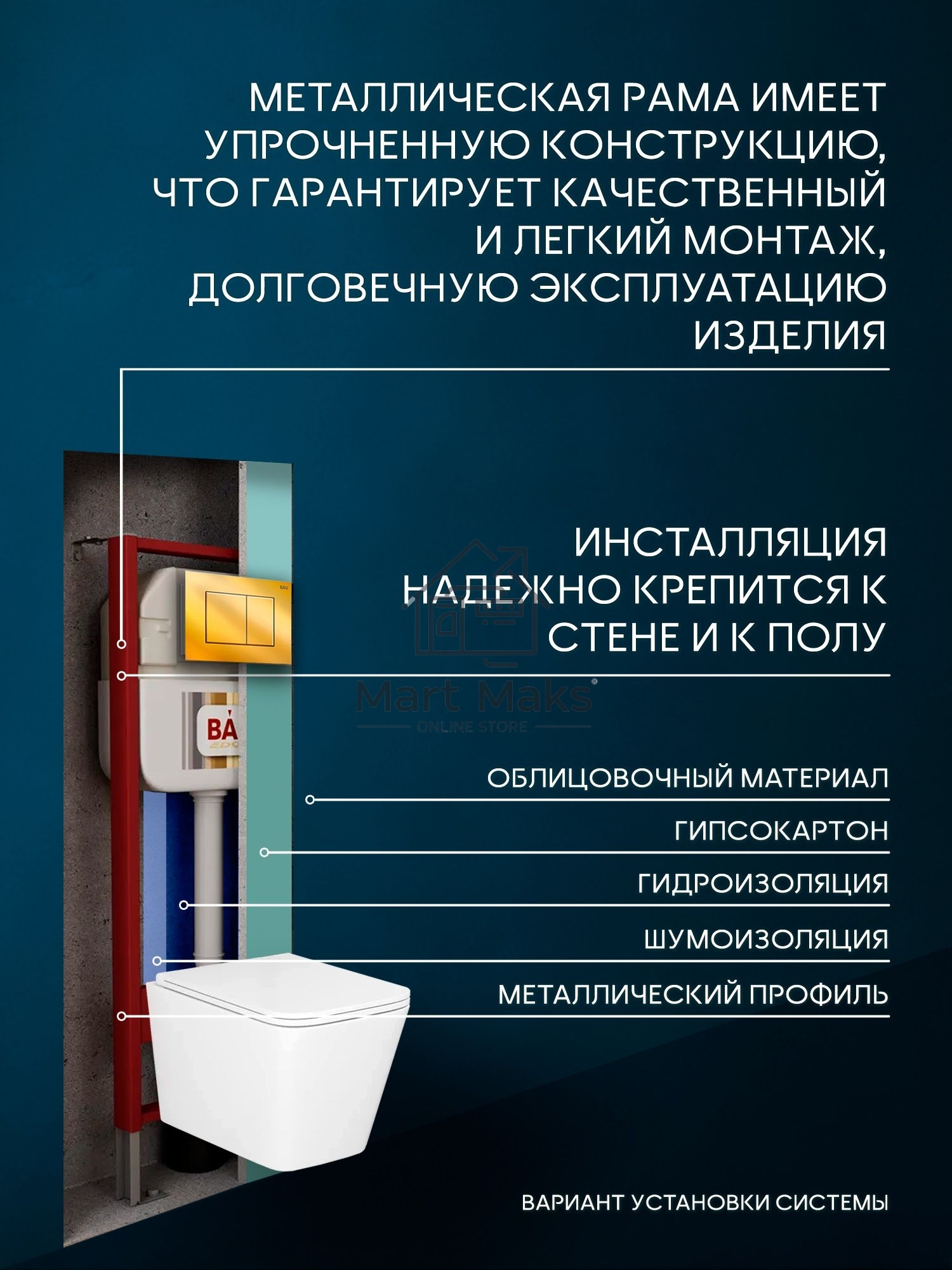 Комплект BAU 6 в 1: рамная инсталляция BAU NEO 45, унитаз подвесной безободковый торнадо обратного потока Bau Stil Hurricane-2, сиденье дюропласт микролифт, кнопка смыва BAU Stil, золото