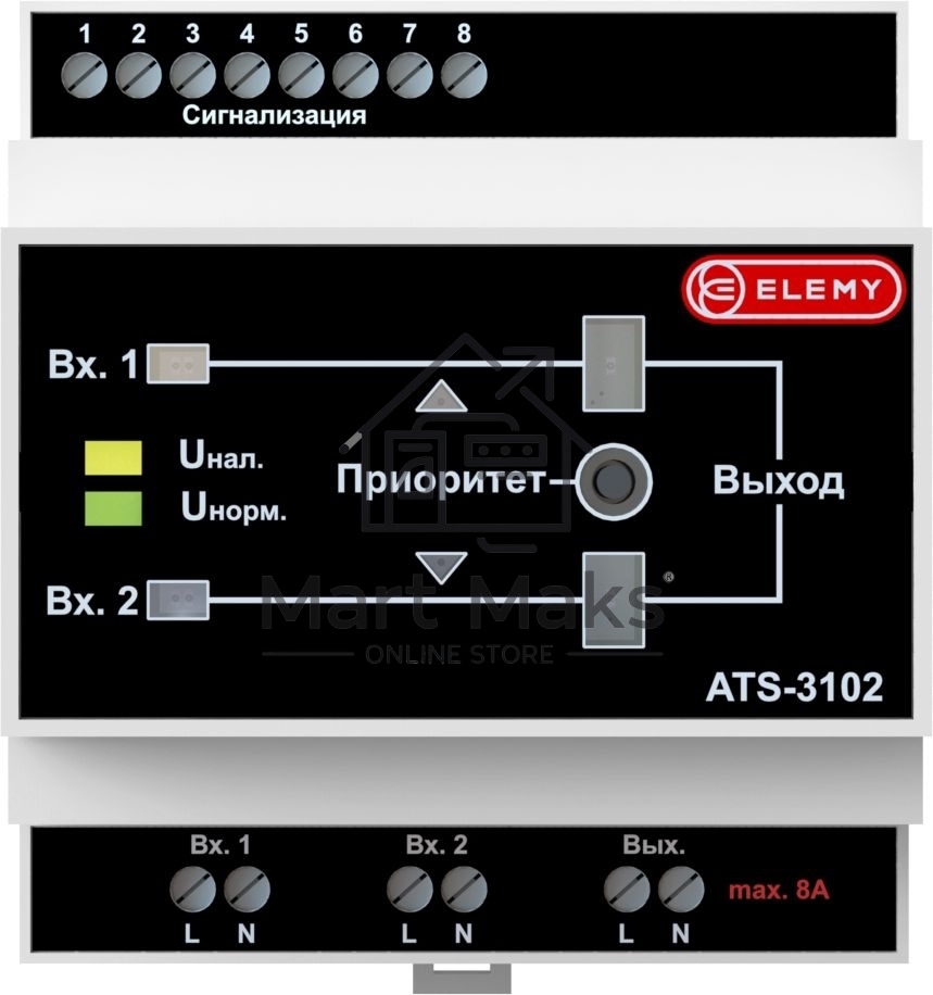 Электронно-механический АВР Elemy ATS-3102 4DIN ввод:2xвинтовая клема выход:1xвинтовая клема8A серый