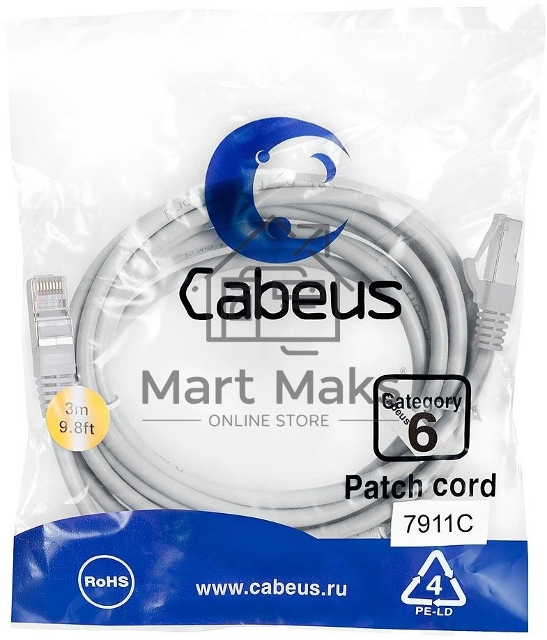 Патч-корд Cabeus PC-FTP-RJ45-Cat.6-3m-LSZH FTP, cat. 6, F/UTP экранированный, LSZH, 3 м, серый