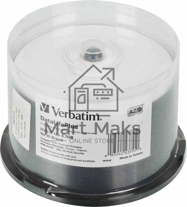 Диск DVD-R Verbatim 4.7Gb 16x Cake Box (50шт) Printable (43755)