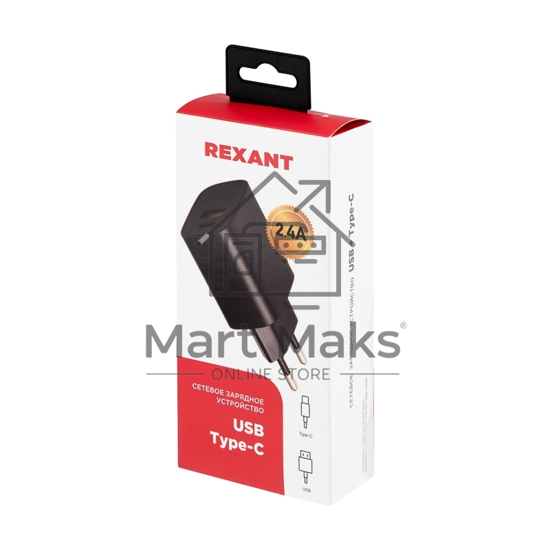Сетевое зарядное устройство Rexant USB + Type-C, 5V, 2.4 A, черный