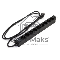 Блок силовых розеток Hyperline SHE19-(X)SH, Shuko х 9, вход IEC 320 C14, для шкафов, шнур 2,5 м, 44х482,6х44,4 мм (ВхШхГ), 16А, серый