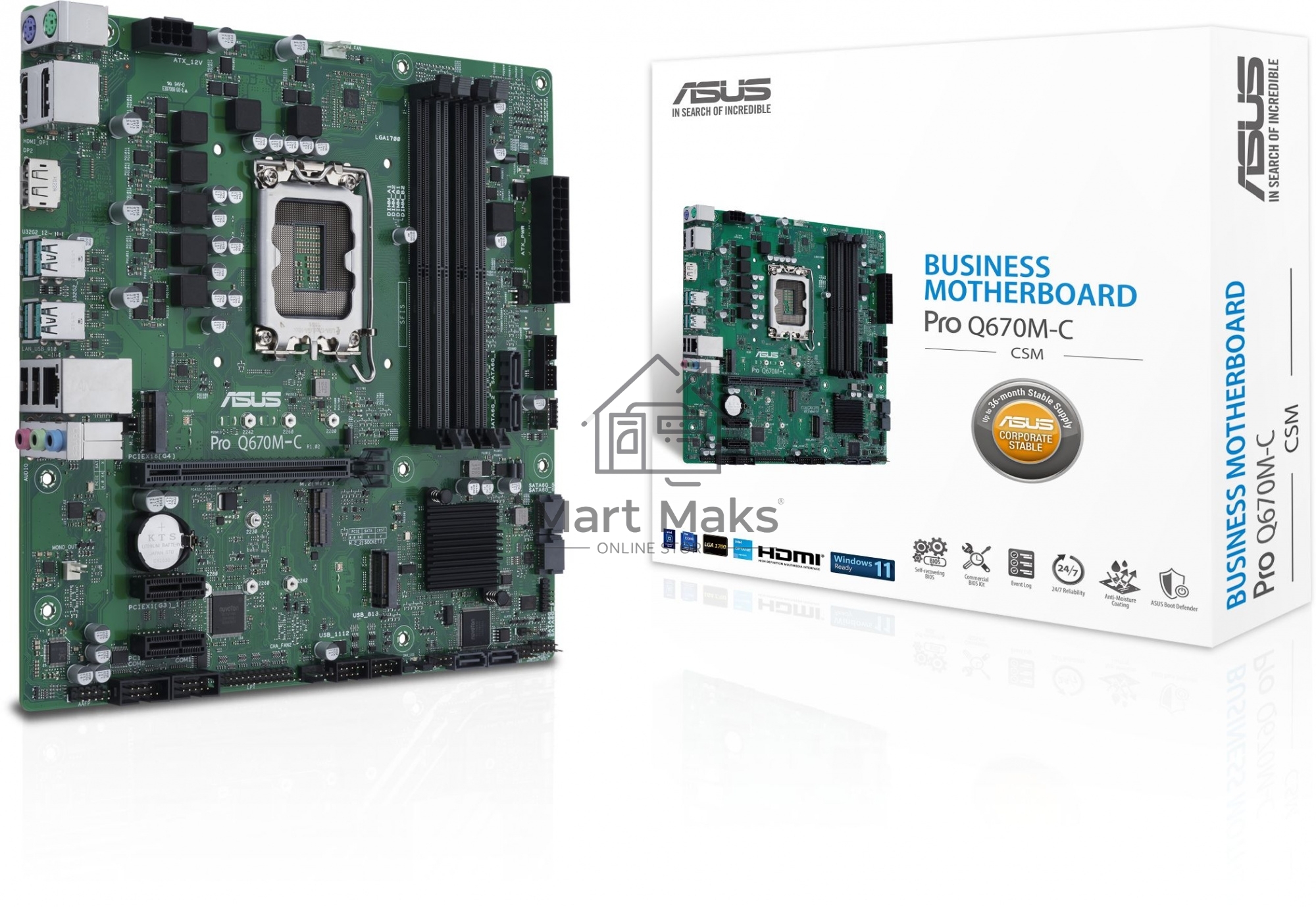 Материнская плата ASUS Pro Q670M-C-CSM, LGA 1700, Intel Q670, 4xDDR5, 6xSATA, 2xM.2, 1xPCIe 4.0 x16, 1xHDMI, 2xDP, 1x1Gb LAN, 4xUSB-A 3.2 Gen 2, 3x3.5 мм, 7.1, mATX