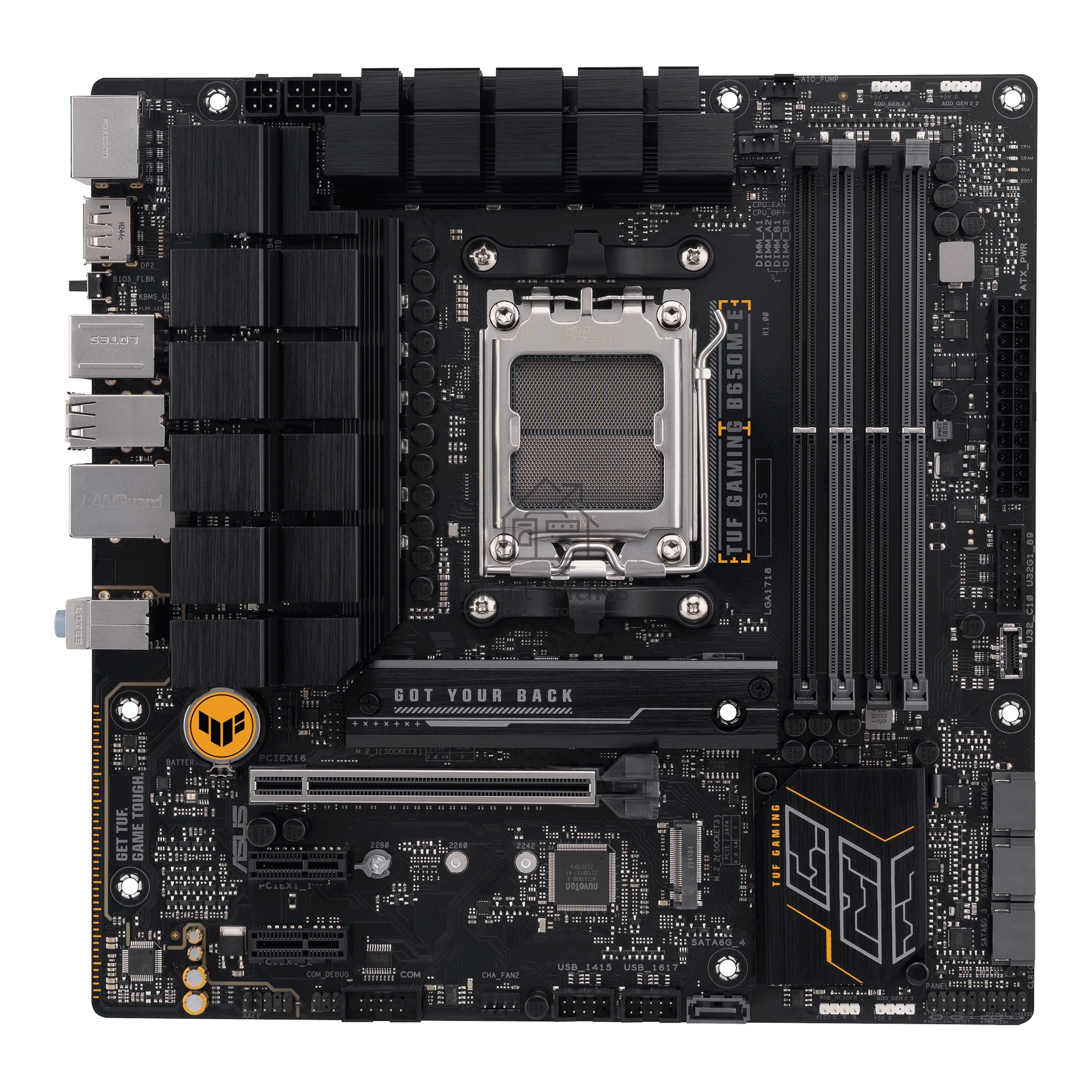 Материнская плата ASUS TUF GAMING B650M-E, AM5, AMD B650, 4xDDR5, 4xSATA, 2xM.2, 1xPCIe 4.0 x16, 2xPCIe x1, 2xDP, 1xHDMI, 1x 2.5Gb LAN, 1xUSB-A 3.2 Gen 2, 2xUSB-A 3.2 Gen 1, 4xUSB 2.0, 1xUSB-C 3.2 Gen 2, 3x3.5 мм, 7.1, mATX
