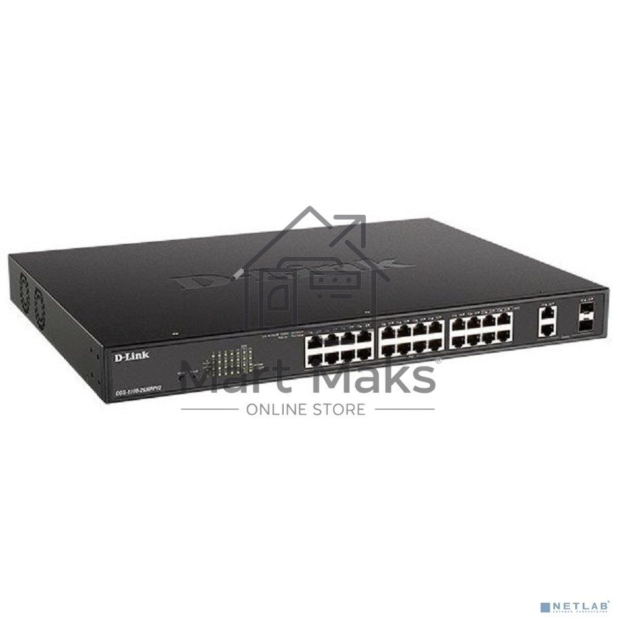 Настраиваемый L2 коммутатор D-Link DGS-1100-26MPPV2/A3A с 24 портами 10/100/1000Base-T и 2 комбо-портами 1000Base-T/SFP (порты 1-24 PoE 802.3af/at, порты 21-24 PoE 802.3bt, PoE-бюджет 525 Вт)