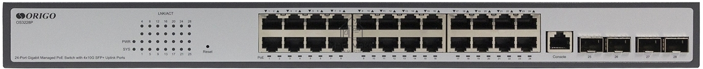Коммутатор ORIGO Managed L3 Switch 24x1000Base-T PoE, 4x10GBase-X SFP+, PoE Budget 370W, RJ45 Console, 19