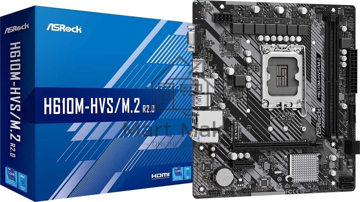 Материнская плата ASRock H610M-HVS/M.2 R2.0, LGA 1700, Intel H610, 2xDDR4, 4xSATA, 1xM.2, 1xPCIe 4.0 x16, 1xPCIe x1, 1xHDMI, 1xVGA, 1x 1Gb LAN, 4xUSB-A 2.0, 2xUSB-A 3.2 Gen 1, 3x3.5 мм, 7.1, mATX
