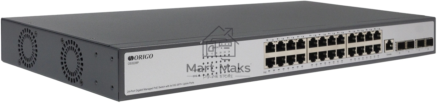 Коммутатор ORIGO Managed L3 Switch 24x1000Base-T PoE, 4x10GBase-X SFP+, PoE Budget 370W, RJ45 Console, 19